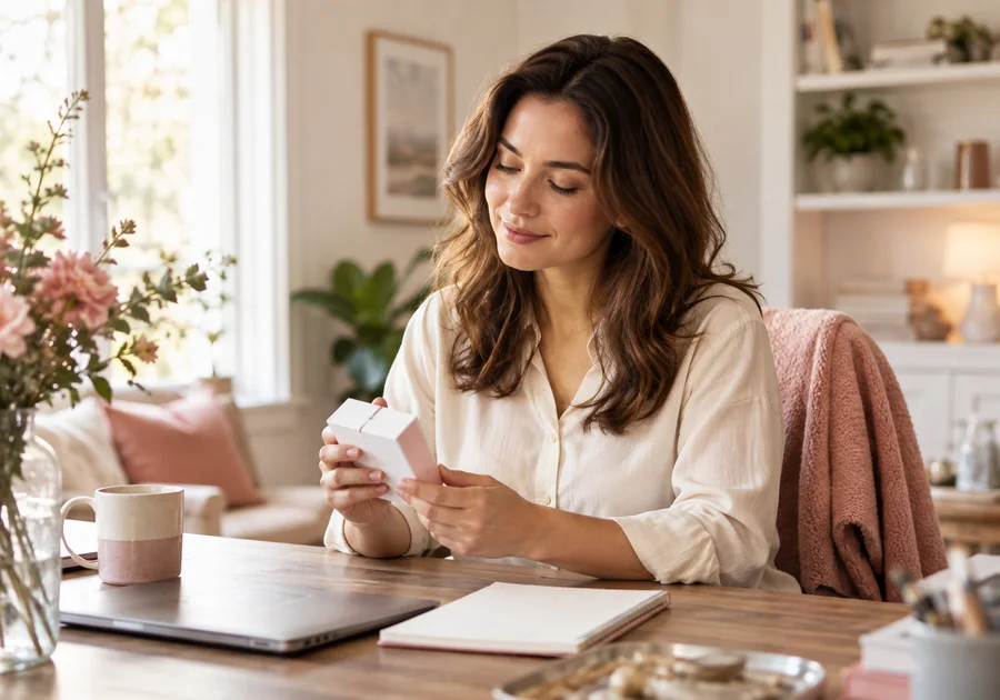 Woman at a home desk holding a plain medicine carton beside a notebook.