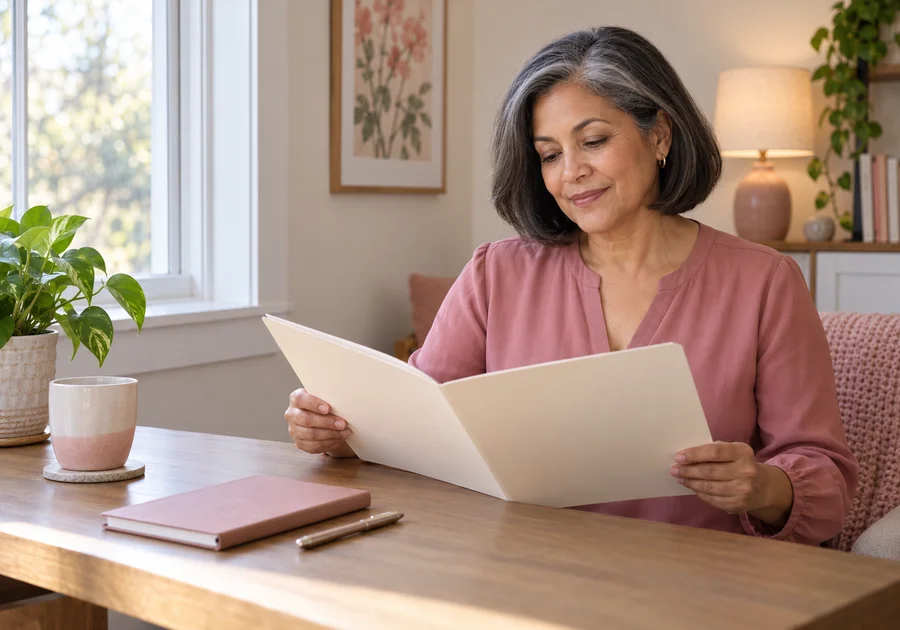 Woman in a pink blouse reviewing a blank dental appointment folder at her home desk.