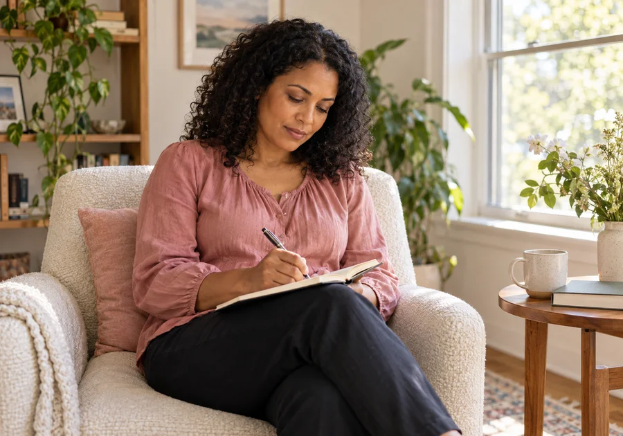Woman in a dusty pink blouse writing appointment notes in a notebook on her lap beside a sunlit window.