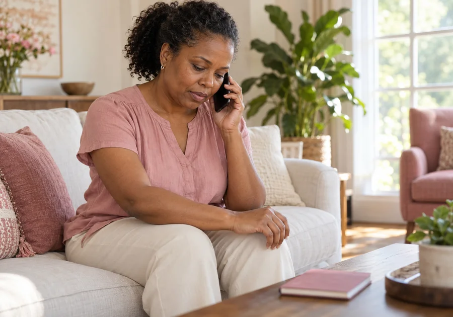 Woman in a dusty-pink blouse speaking on the phone while looking at her forearm in a sunlit living room.