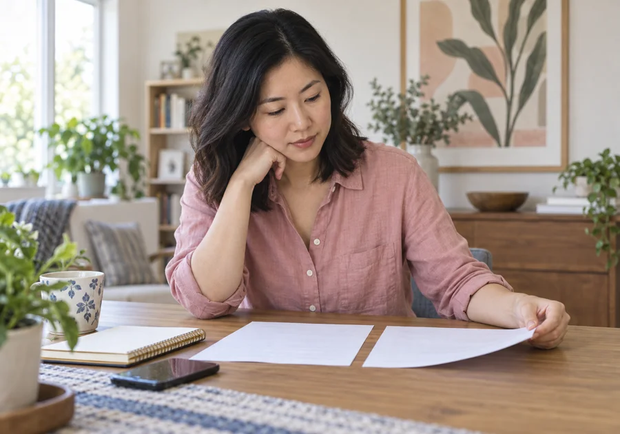 Woman in a pink shirt reviewing two plain sheets beside a notebook and phone at home.