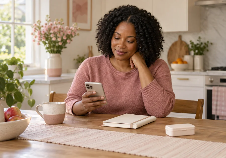Woman using a phone beside a closed diary at a kitchen table.