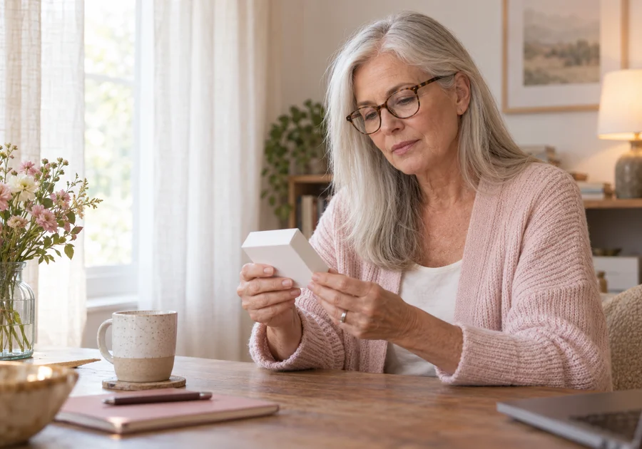 Woman wearing glasses reviewing a medicine package at a desk.