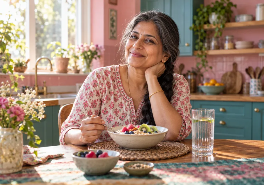 Woman in her fifties at a sunny breakfast table with a bowl of oatmeal topped with fruit and a tall glass of water, smiling.