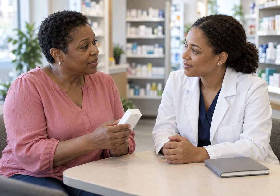 Woman in a pink blouse reviewing plain medicine packaging with a pharmacist.