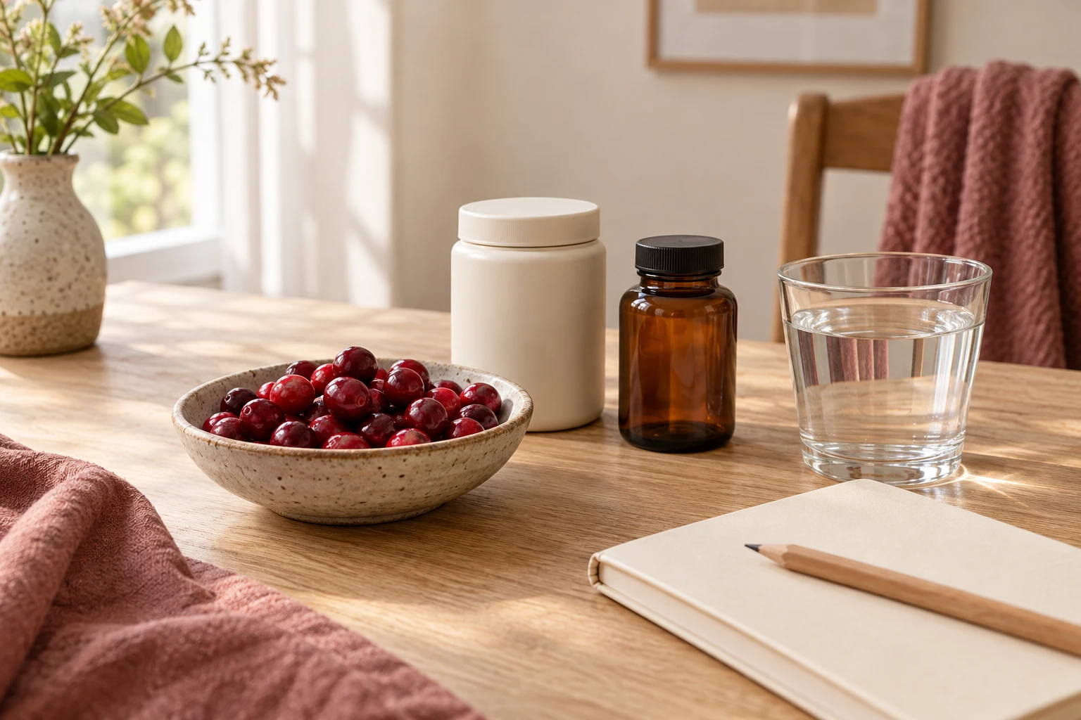 Cranberries beside two closed plain supplement containers, a glass of water and a notebook.