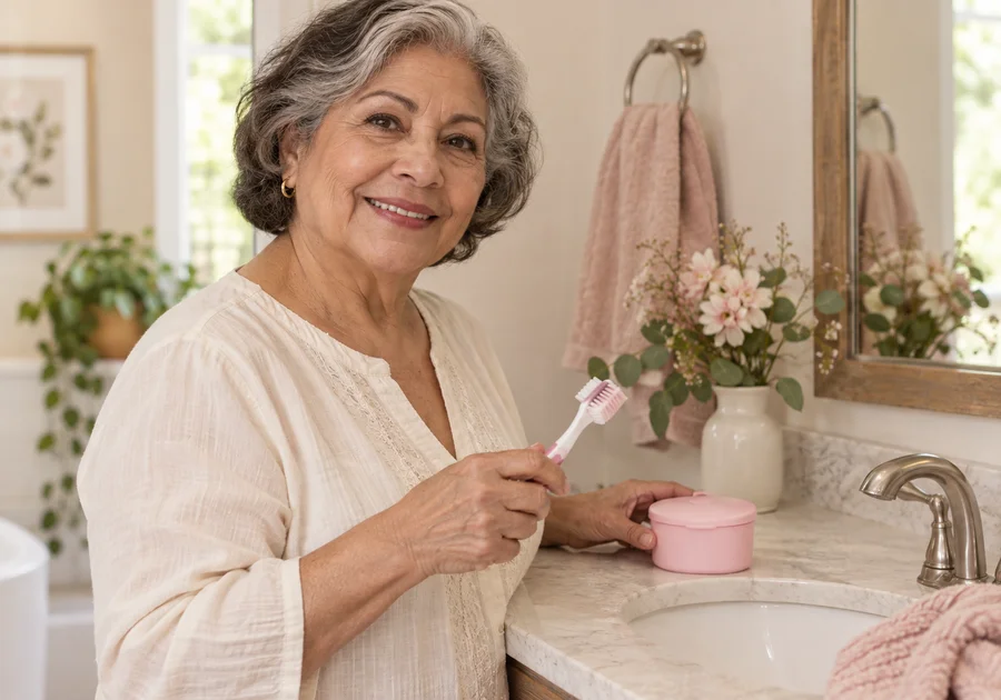 Older woman holding a denture brush beside a pink storage container at a bathroom sink.