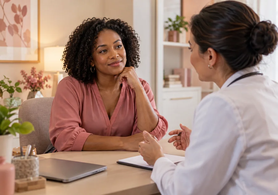 Woman discussing an appointment with a female clinician.