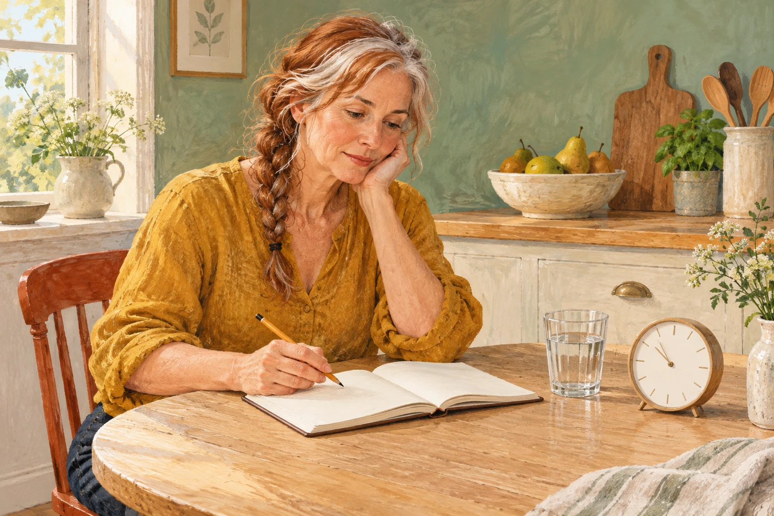 A woman in a mustard blouse reviews a notebook at a kitchen table beside a water glass and a small clock.