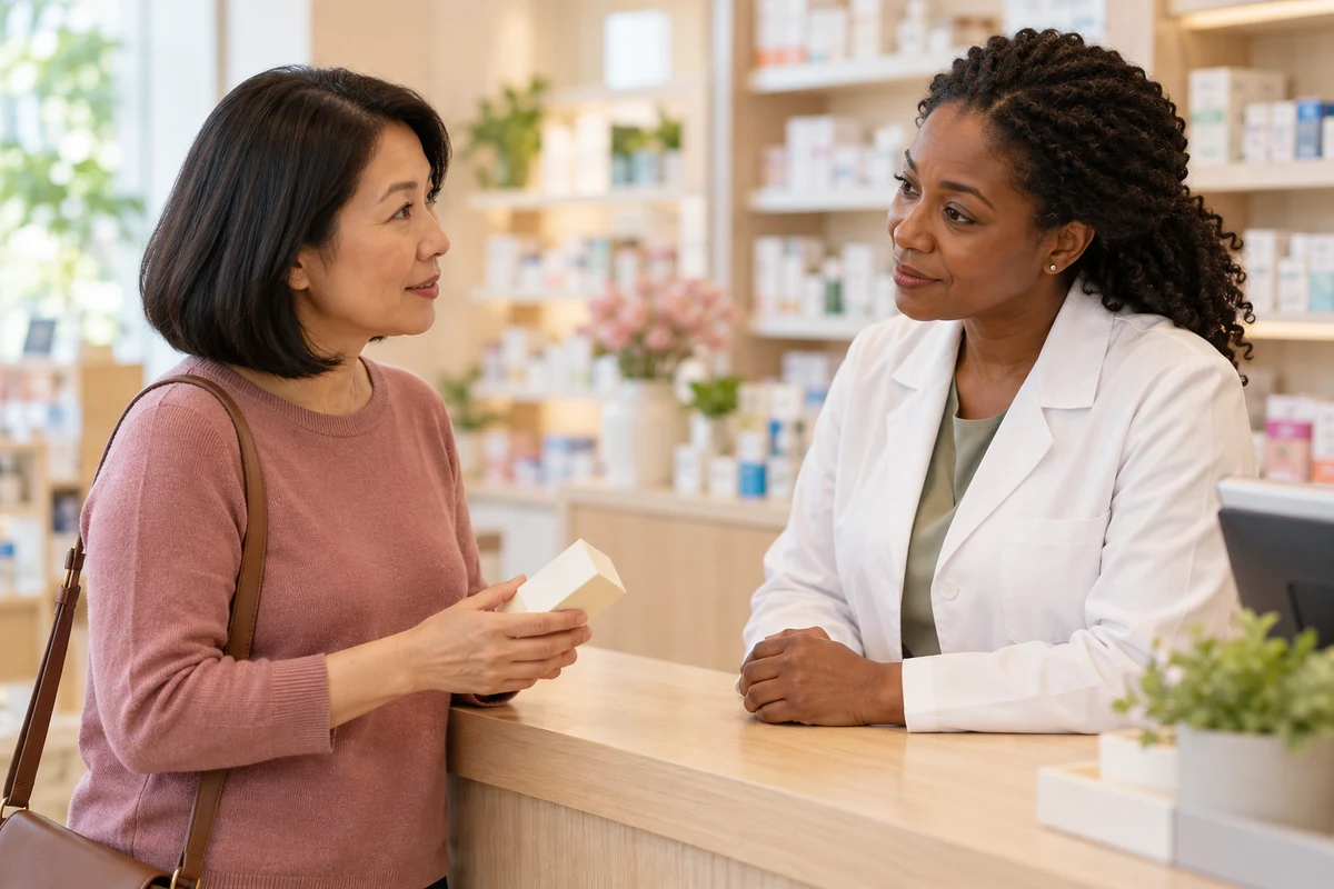 Woman holding a plain medicine carton while speaking with a pharmacist at a pale oak counter.