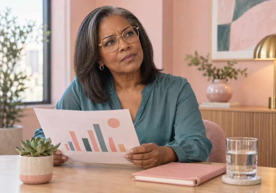 Woman in her fifties at a consultation table looking at a printed lab results chart with a questioning expression.