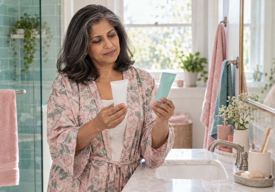 Woman in her fifties at a bright bathroom sink comparing two plain unlabeled toothpaste tubes, one white and one pale teal.