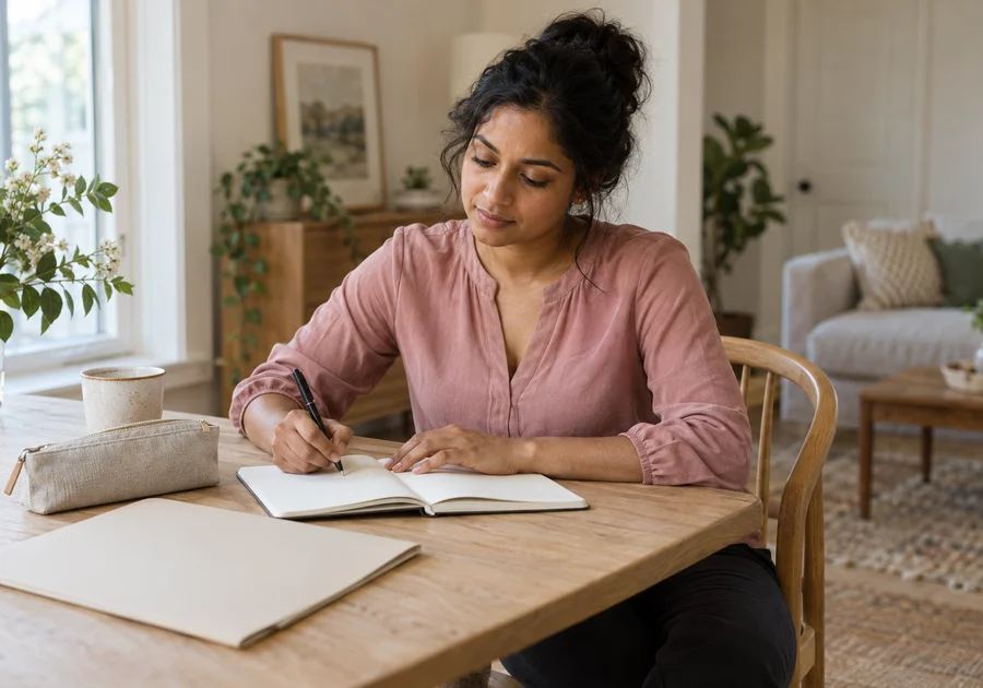 Adult woman in a pink blouse preparing appointment questions at a table with a blank notebook.