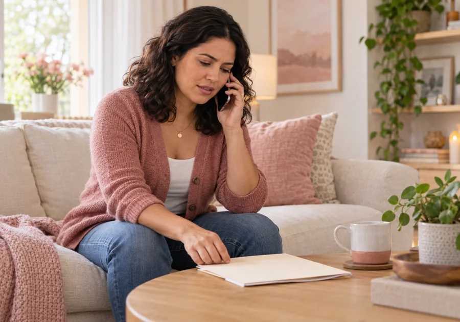 Woman in a rose cardigan making an appointment phone call beside a plain folder at home.