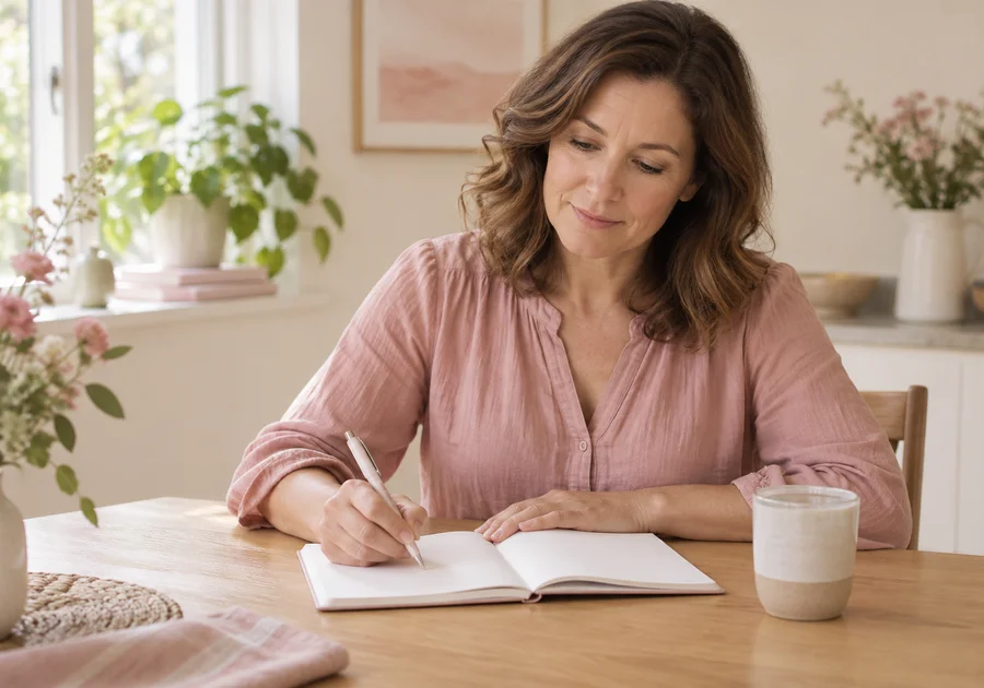 Adult woman in a pink blouse with a blank notebook and water at a sunlit table.