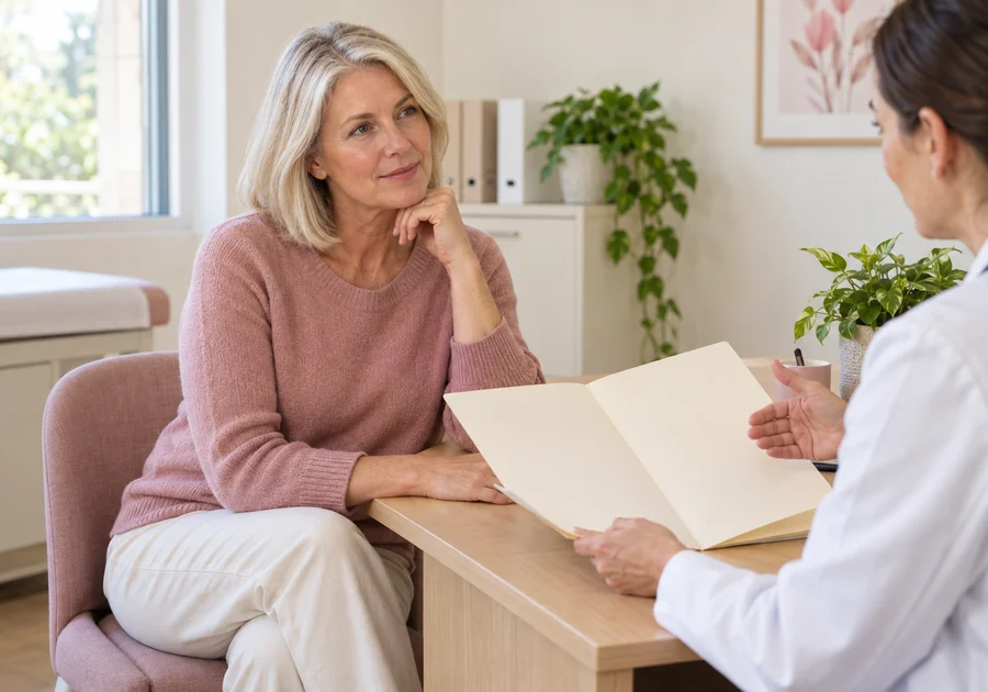 Adult woman in a modest pink sweater discussing a blank results folder at a consultation desk.