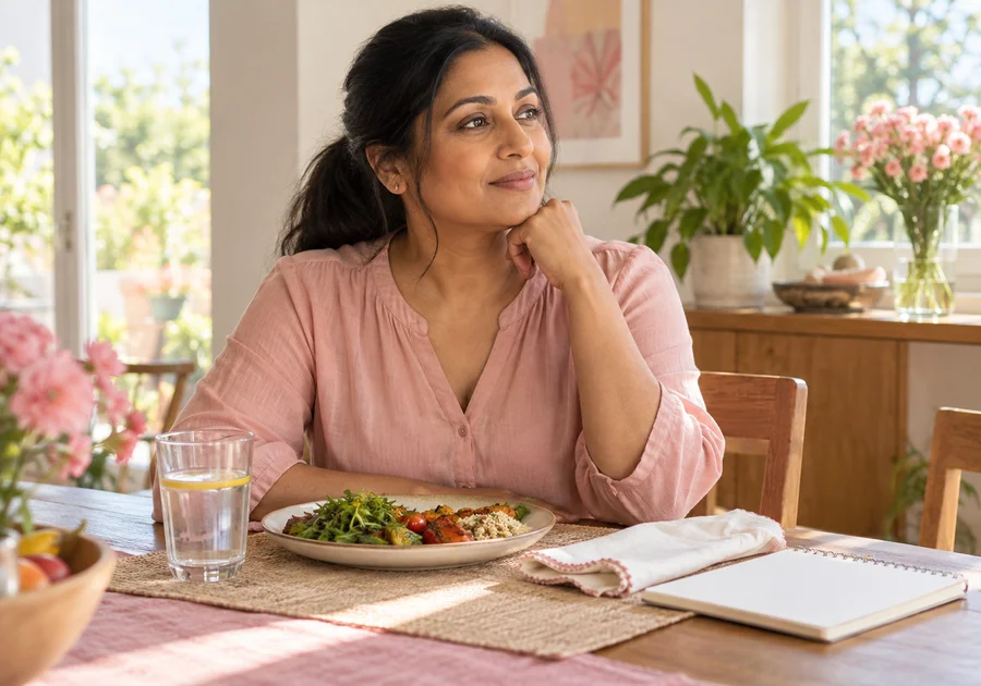 Woman in a pink blouse seated with lunch, a napkin and a blank notebook.