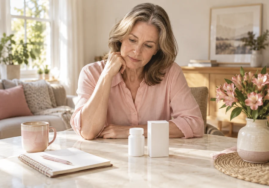 Woman considering plain medicine containers beside a notebook and pink flowers.
