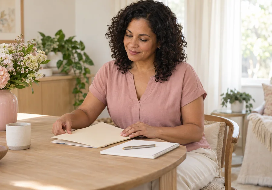 Woman in a pink blouse organizing a plain appointment folder and blank notebook at a wooden table.