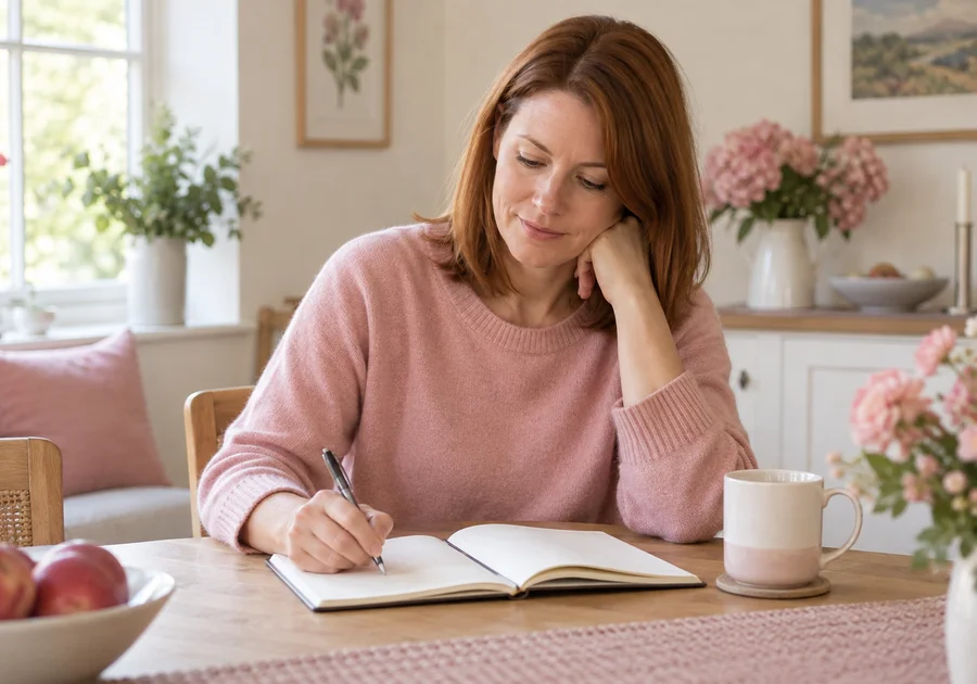 Woman in a pink sweater preparing skin observations in a notebook at home.