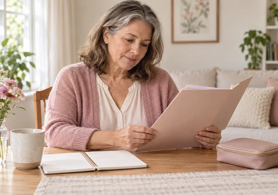 Woman in a pink cardigan reviewing an appointment folder beside a blank notebook and closed pouch.