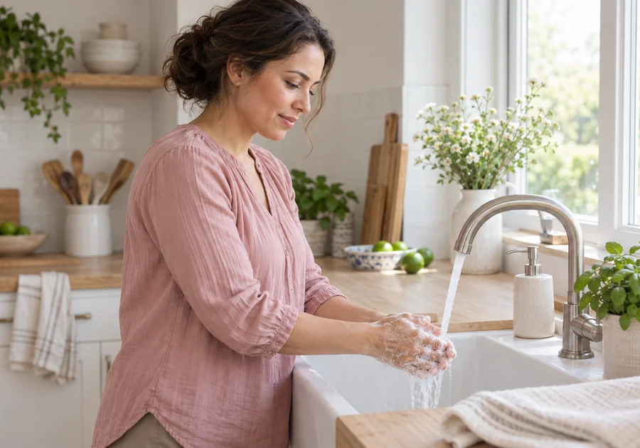 Woman in a pink blouse washing her hands at a kitchen sink with whole limes on the counter.