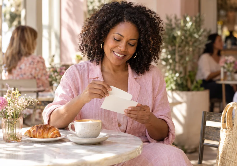 Woman looking at an appointment card at a cafe table.