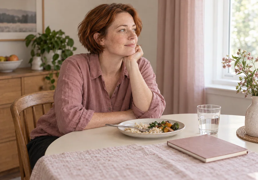 Adult woman in a rose shirt sitting at a dining table after a meal beside a blank notebook.