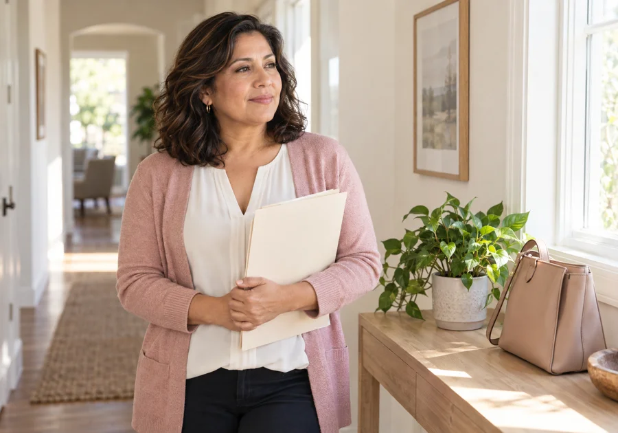 Woman in a pink cardigan checking a plain appointment folder beside a bright hallway window.