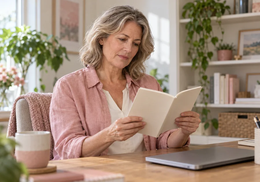 An adult woman reading a plain booklet at a desk beside a closed laptop in a warm home office.