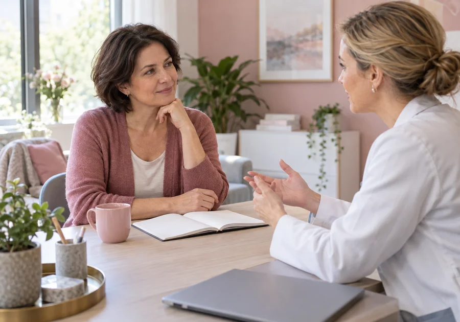 Adult woman in a pink cardigan discussing a blank appointment notebook with a clinician.
