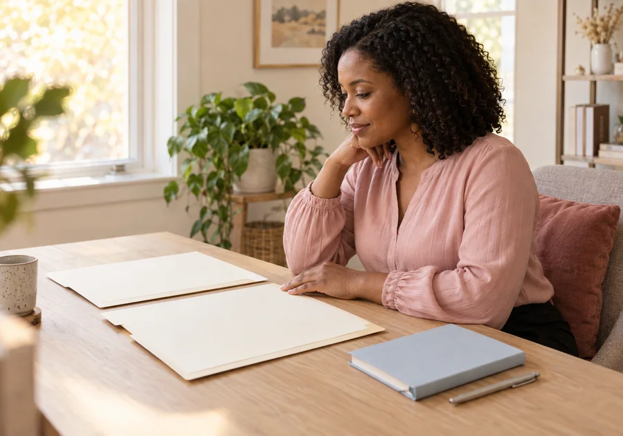 Woman in a pink blouse comparing two plain appointment folders beside a closed notebook at her home desk.