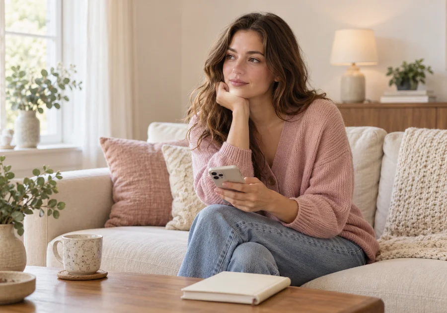 Woman in a pink cardigan holding a phone beside a closed notebook in a quiet room.