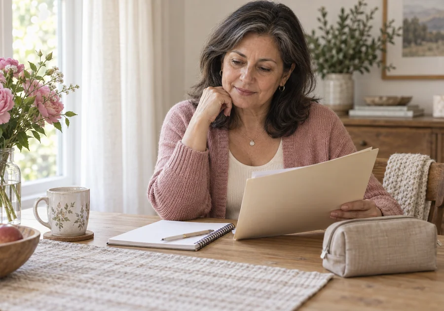 Woman in a pink cardigan reviewing a plain appointment folder beside a blank notebook and medicine pouch.