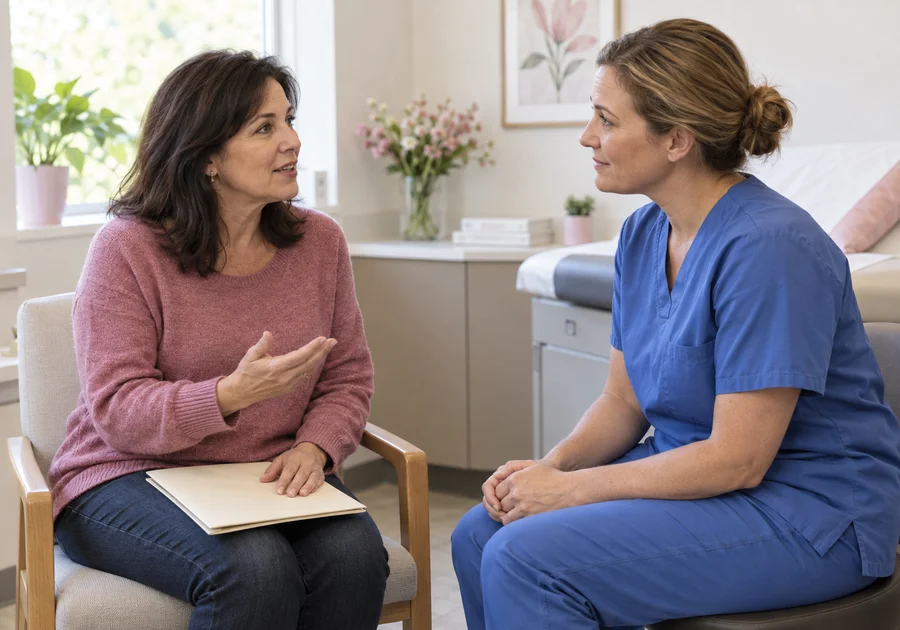 Adult woman in a rose sweater discussing a planned bladder appointment with a nurse.