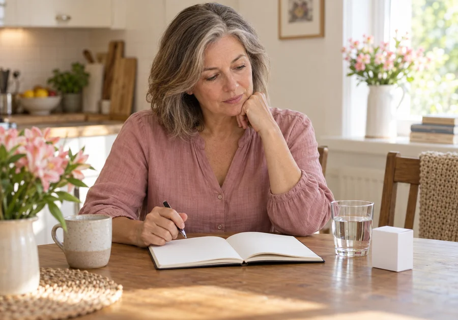 Woman in a dusty pink blouse preparing appointment notes beside a plain medicine carton.