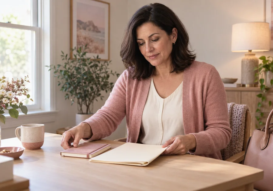 Adult woman in a rose cardigan organizing a plain folder and notebook beside a window.