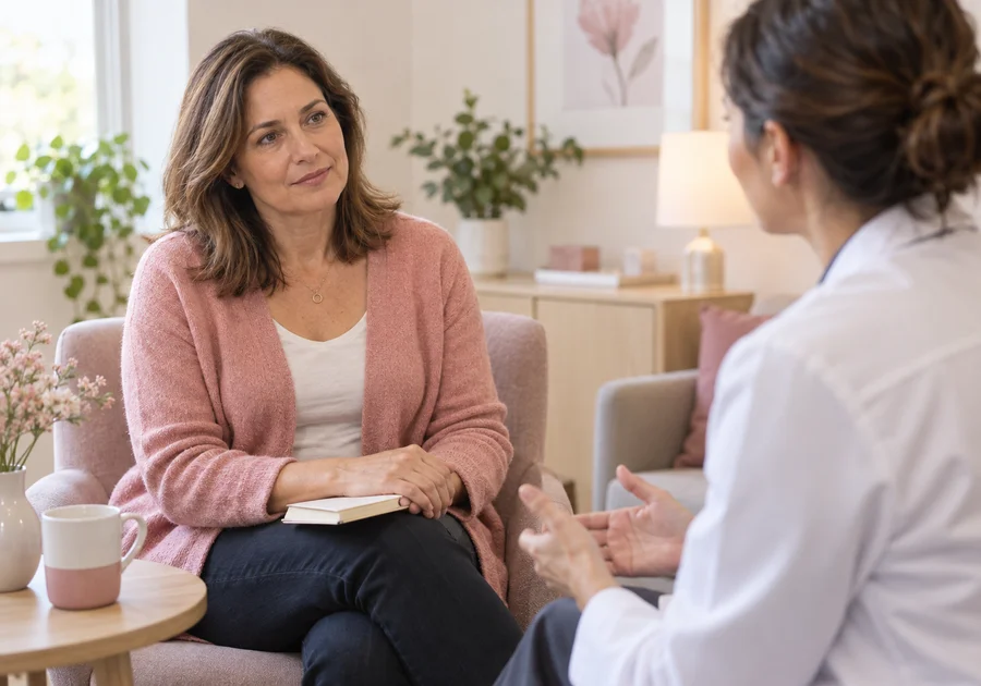 An adult woman with a notebook speaking with a clinician in a softly lit consultation room.